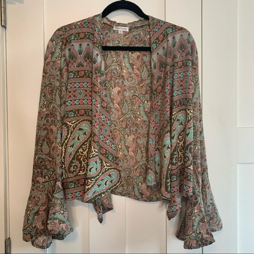 Vintage Karma Highway Boho Waterfall Top Wide Flare Sleeves Paisley Print